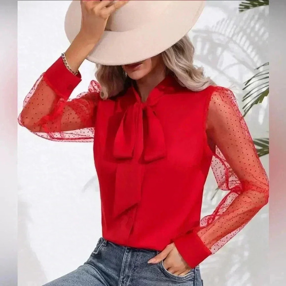 Elegant Red Bow Tie Blouse with Polka Dot Mesh Sleeve Romantic Statement Top A67 - Picture 1 of 8